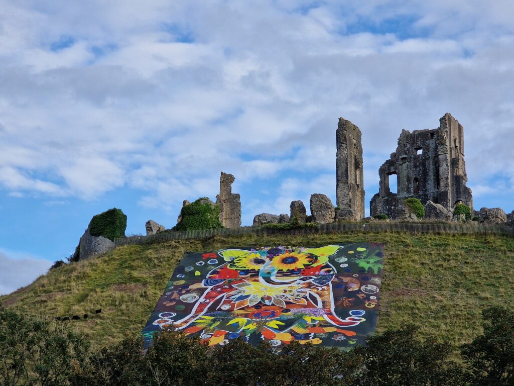 Colourful canvas Giant on slope of Corfe Castle hill